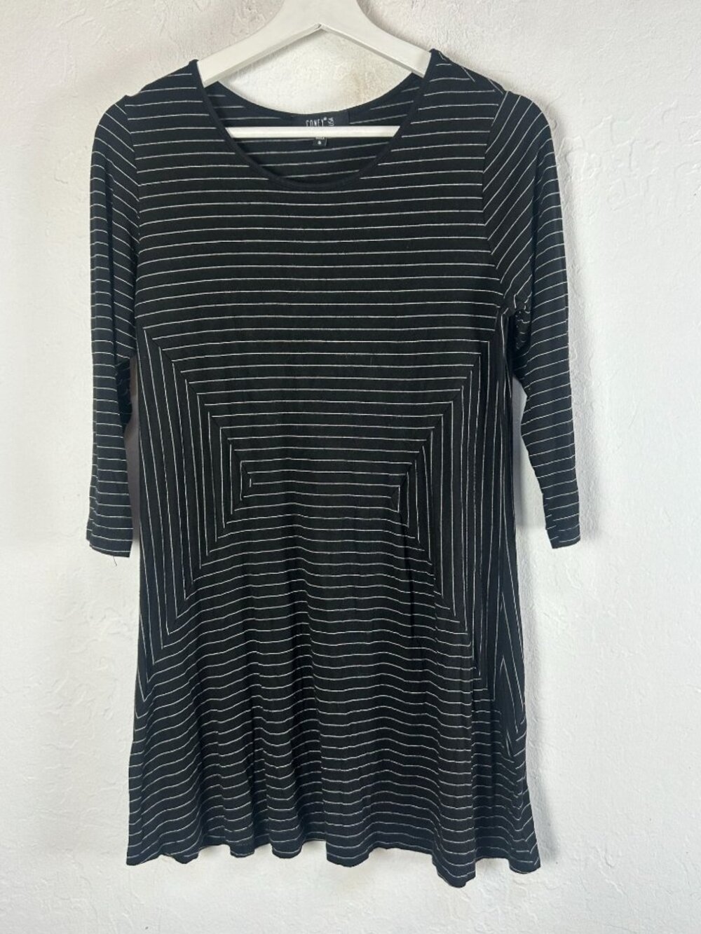 Comfy USA Womens Black & White Striped Tunic Shirt Top 3/4 Sleeve Stretch Casual